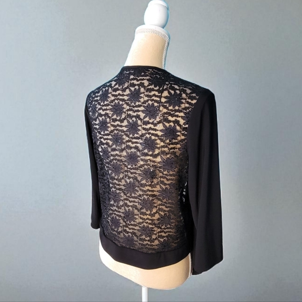 R&M Richards Jacket Large Black Lace sequins Back Drape Open Front Whimsigoth
